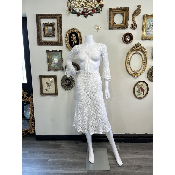 Cheryl Creations Sweaters - Cheryl Creations White Cotton Crochet Knit Skirt & Cropped Cardigan Set Sz Small